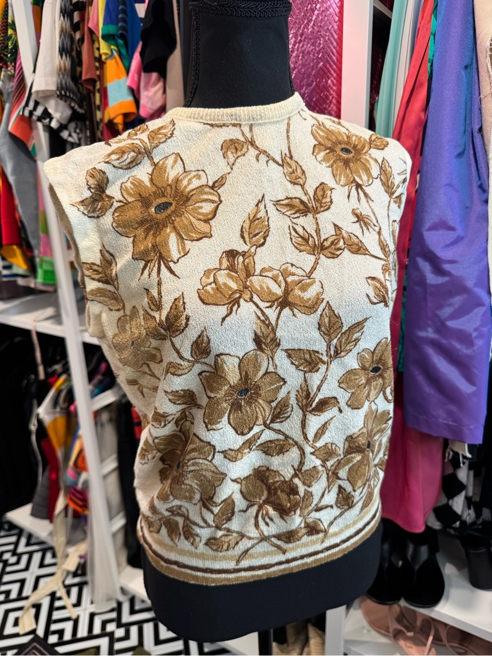 Vintage 60s 70s Floral Knit Sleeveless Top Cream Gold Brown Mod